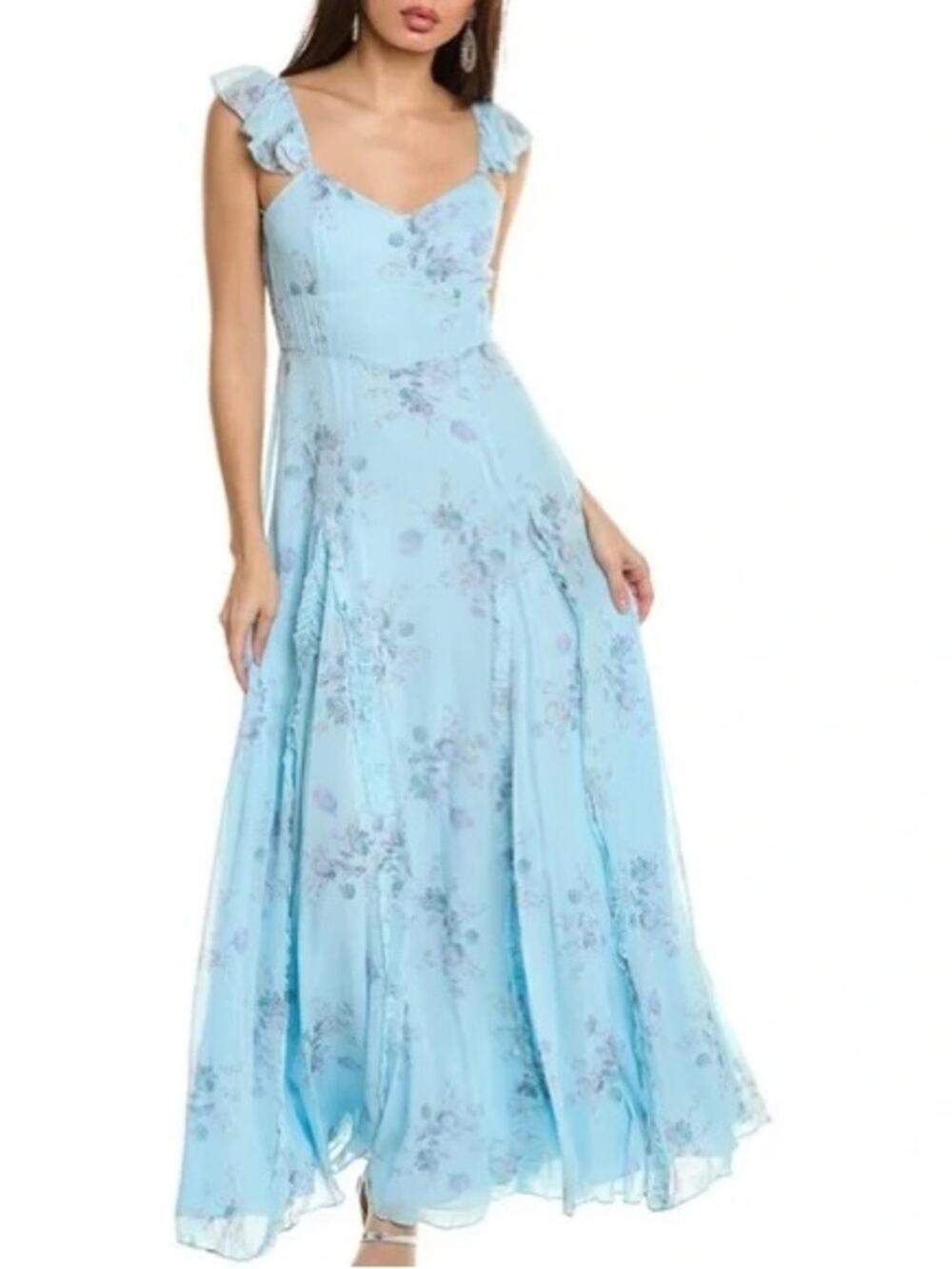 LoveShackFancy Women’s Tulonne Blue Floral Ruffle Maxi Dress Size 0